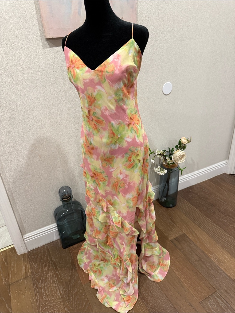 Bardot Pastel Floral Slip Maxi Dress with Ruffle Hem and Slit - Picture 3 of 16